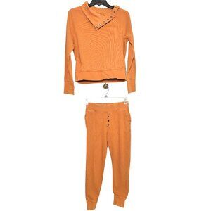 Pact Womens Thermal Lounge Set Waffle Knit Henley Sweatshirt Joggers S Tan Brown